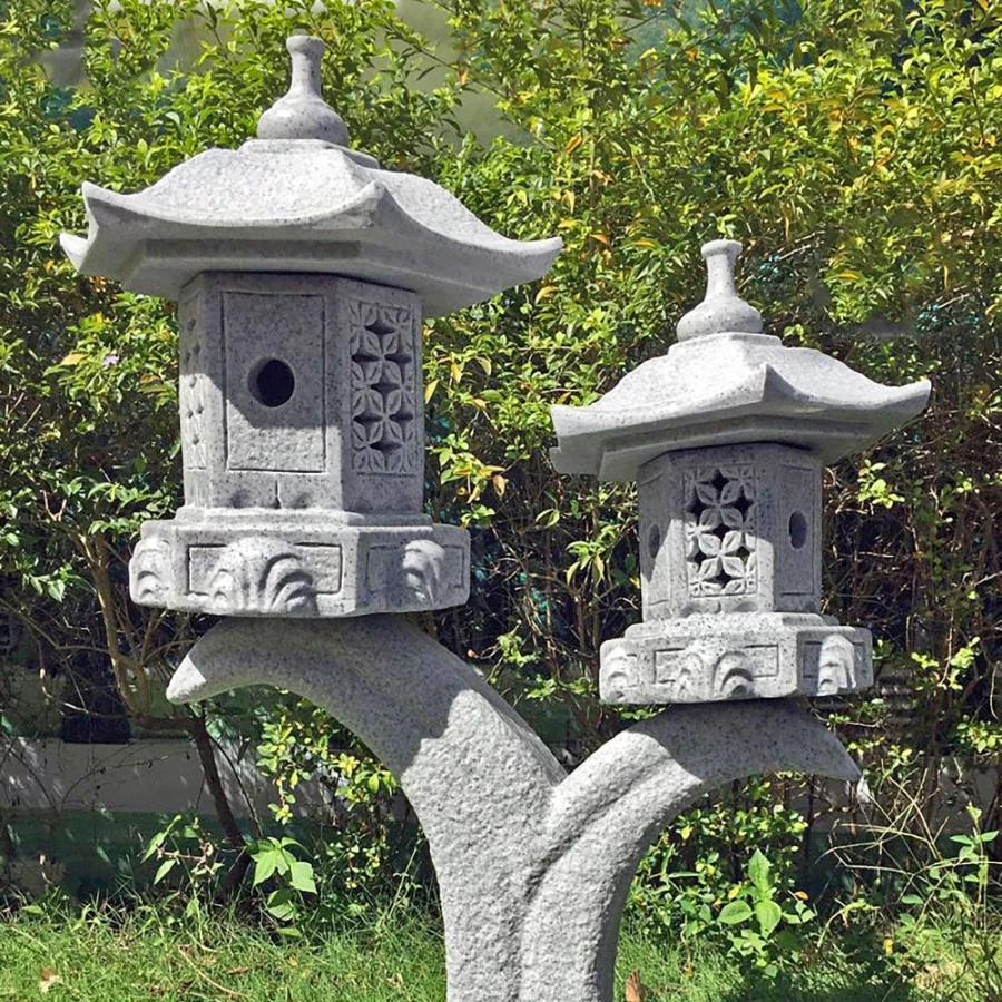 "Japanese Twin Cantilever Pagoda Lantern - Granite Garden Statue by STATUES & SCULPTURES"