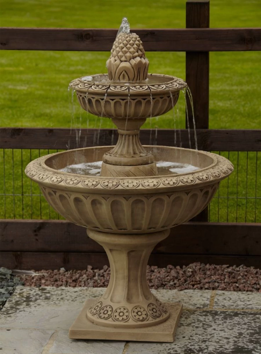 "STATUES & SCULPTURES Two-Tier Pineapple Stone Fountain Outdoor Garden Decor Water Feature"
