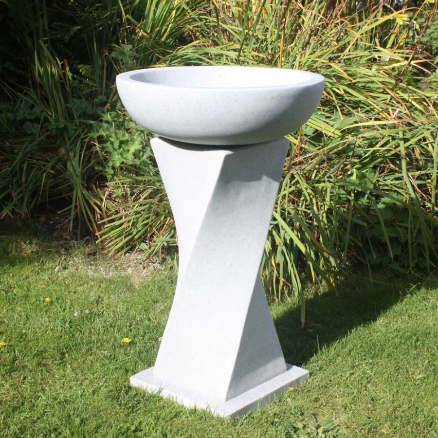 "STATUES & SCULPTURES Helix Modern Granite Resin Bird Bath for Garden Outdoor Decor"