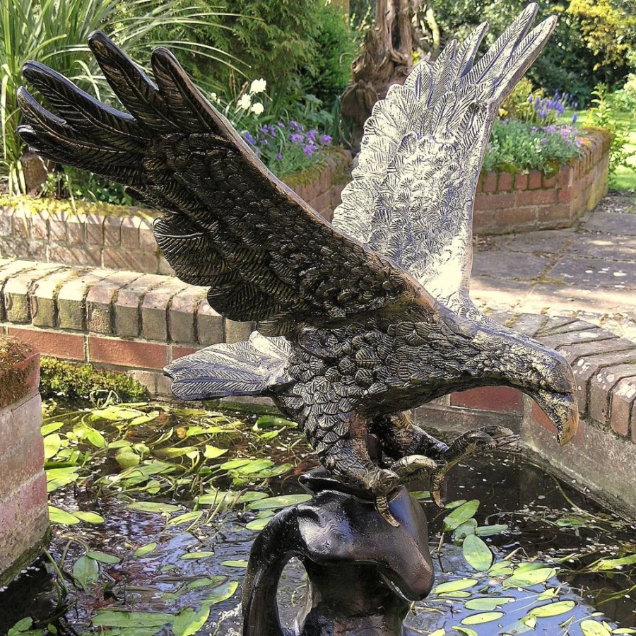 "Golden Eagle Bronze Garden Statue - Handcrafted Eagle On Wave Sculpture by STATUES & SCULPTURES"