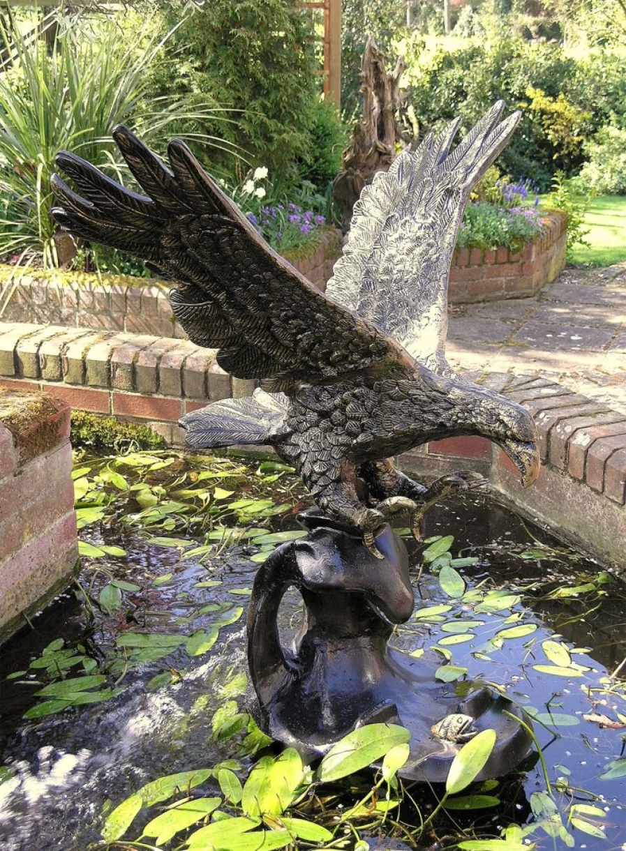 "Golden Eagle Bronze Garden Statue - Handcrafted Eagle On Wave Sculpture by STATUES & SCULPTURES"