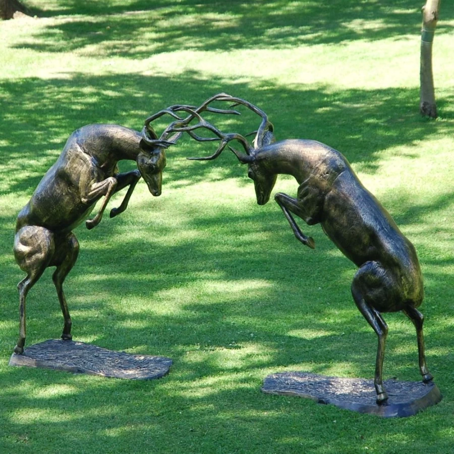 "Life-Size 140cm Bronze Stag Deer Garden Statue – Battling Stags Sculpture by STATUES & SCULPTURES"