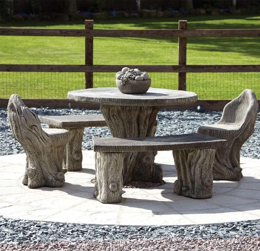 "STATUES & SCULPTURES Wooden Garden Furniture Set - Stone Finish Patio Bench & Table for Outdoor Decor"