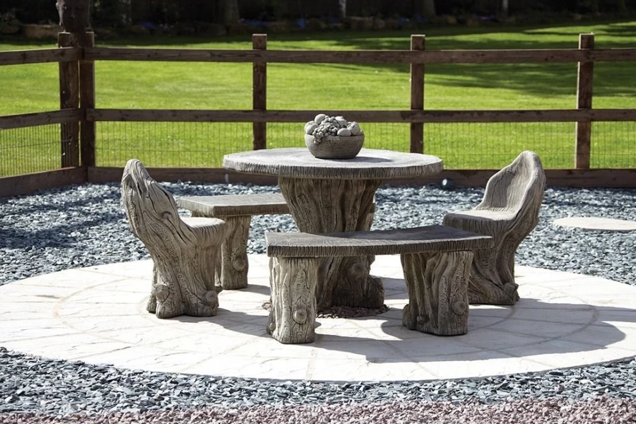 "STATUES & SCULPTURES Wooden Garden Furniture Set - Stone Finish Patio Bench & Table for Outdoor Decor"