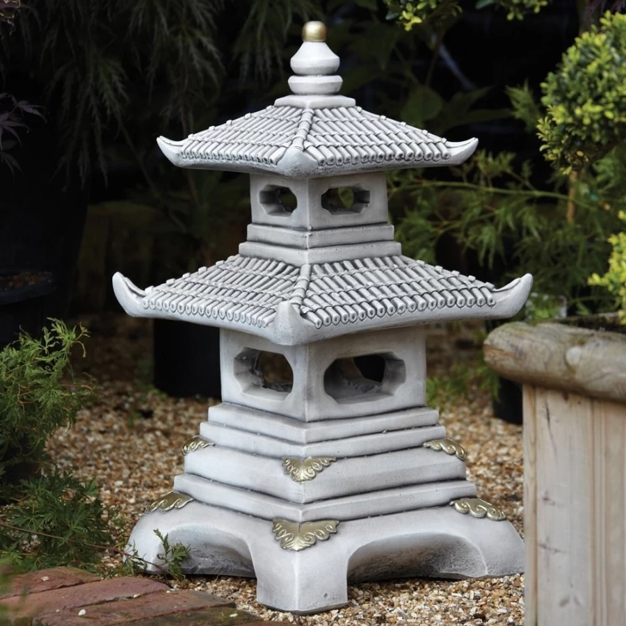 "Two Tier Japanese Pagoda Garden Statue – Traditional Stone Sculpture for Outdoor Decor"