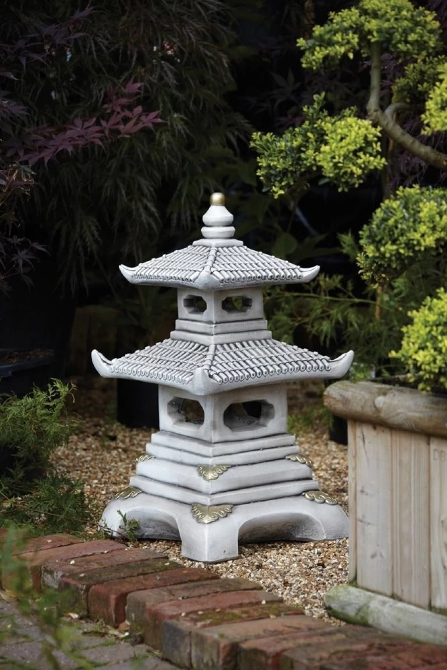 "Two Tier Japanese Pagoda Garden Statue – Traditional Stone Sculpture for Outdoor Decor"