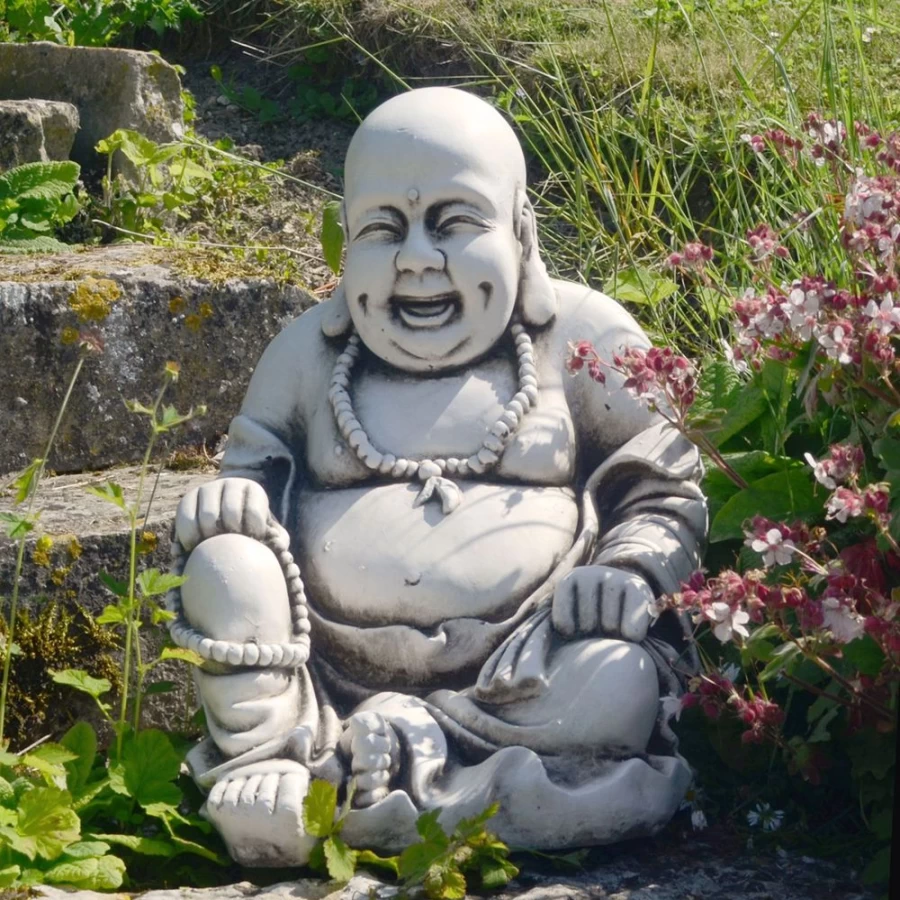 Antique Laughing Buddha Garden Statue - Hand Carved Stone Sculpture for Outdoor Decor