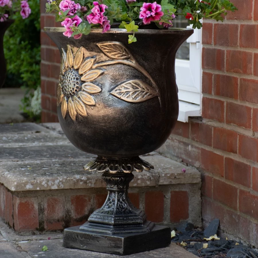 Bronze Sunflower Urn Planter - Memorial Garden Sculpture by STATUES & SCULPTURES
