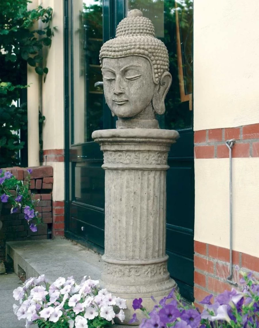 "Hand Carved Buddha Head Stone Statue on Pedestal for Garden Decor – STATUES & SCULPTURES"