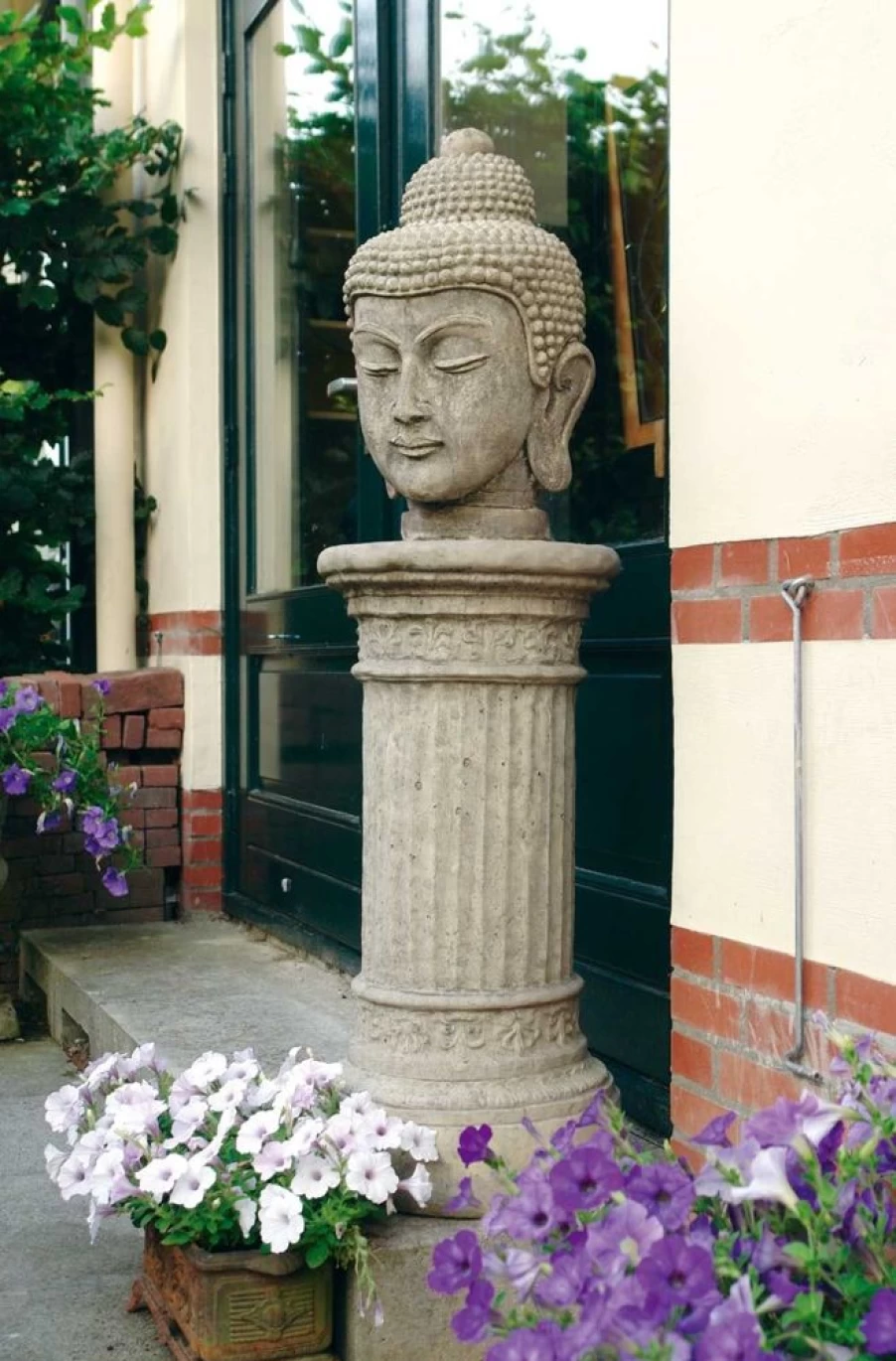 "Hand Carved Buddha Head Stone Statue on Pedestal for Garden Decor – STATUES & SCULPTURES"
