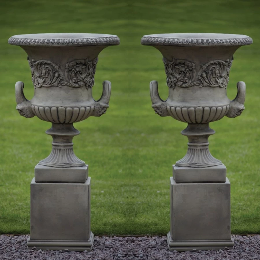 "Elegant Pair of Grecian Style Stone Garden Planter Urns with Pedestals – STATUES & SCULPTURES Collection"