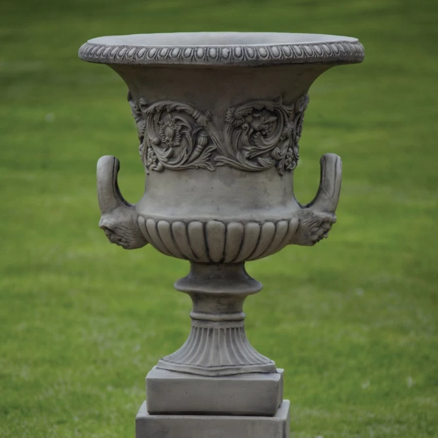"Elegant Pair of Grecian Style Stone Garden Planter Urns with Pedestals – STATUES & SCULPTURES Collection"