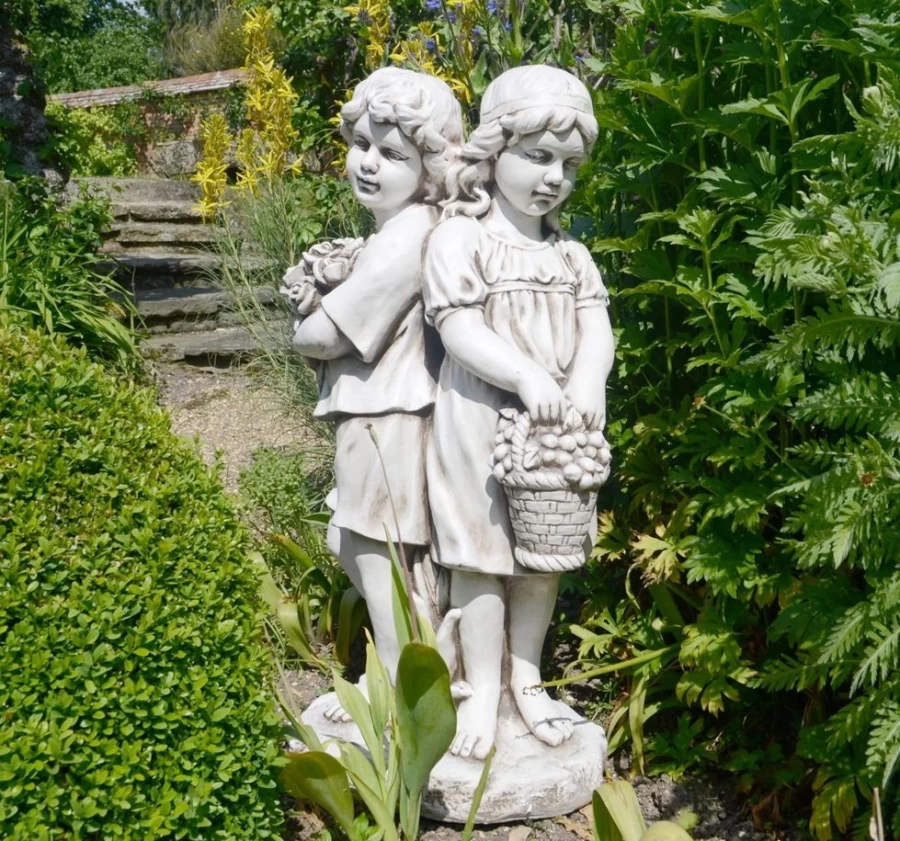 "STATUES & SCULPTURES 89Cm Standing Boy & Girl Garden Statue - Stone Resin Outdoor Decor"