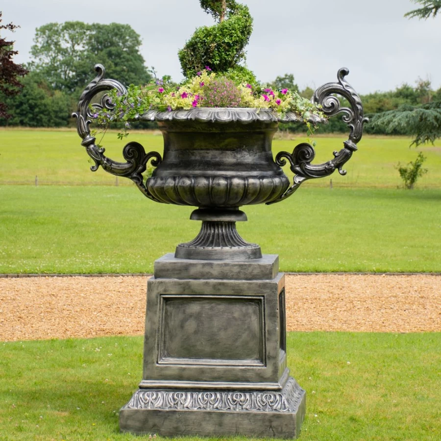 "STATUES & SCULPTURES Grand Cheshire Urn - Bronze Metal Outdoor Garden Planter for Plants"