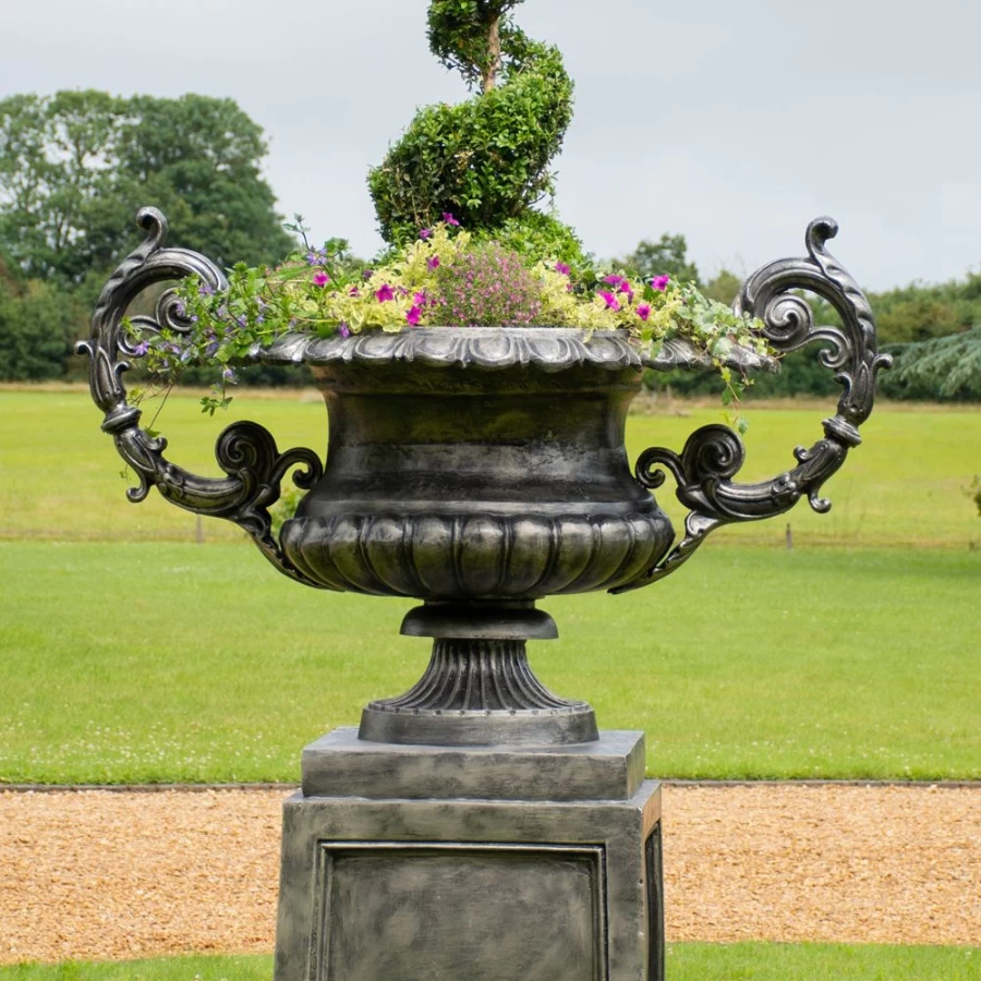 "STATUES & SCULPTURES Grand Cheshire Urn - Bronze Metal Outdoor Garden Planter for Plants"