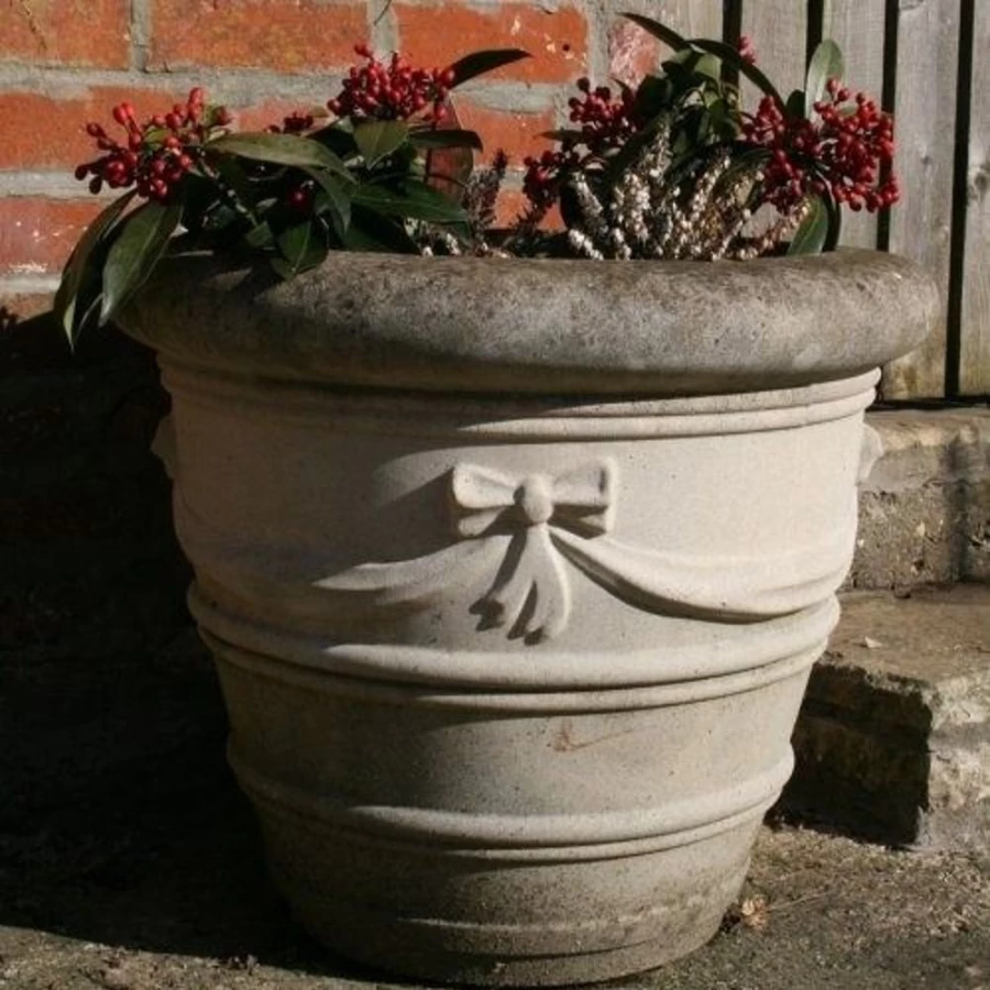 "STATUES & SCULPTURES 16 Inch Ribbon Vase Stone Planter for Garden Decor"