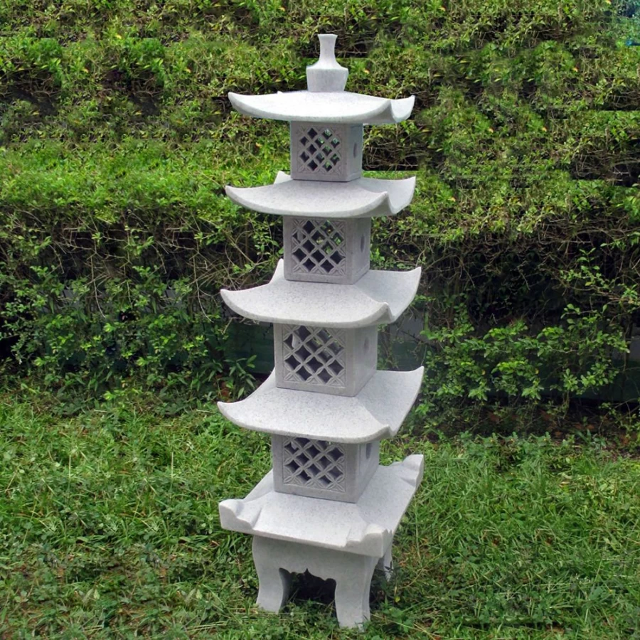 "Five Tier Japanese Pagoda Stone Lantern – Handcrafted Granite Garden Statue for Outdoor Decor"