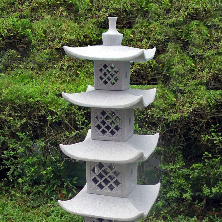 "Five Tier Japanese Pagoda Stone Lantern – Handcrafted Granite Garden Statue for Outdoor Decor"