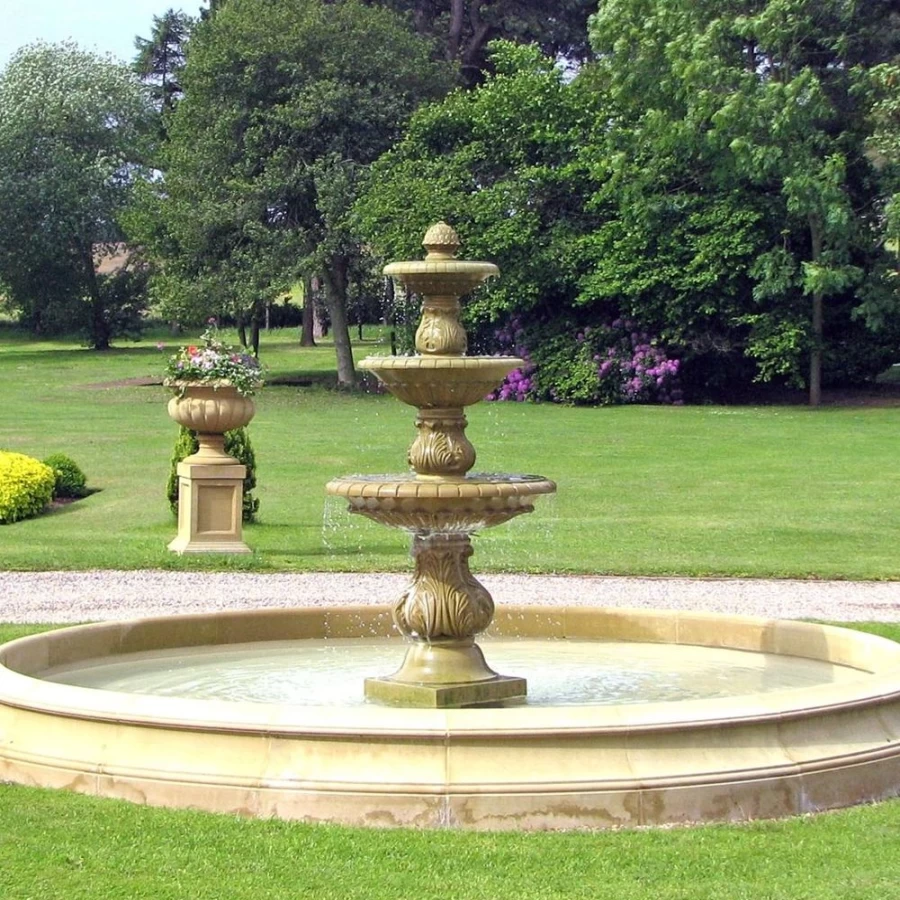 "STATUES & SCULPTURES Triple Tier Stone Fountain with Pool Surround – Outdoor Water Feature"