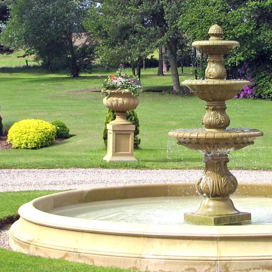 "STATUES & SCULPTURES Triple Tier Stone Fountain with Pool Surround – Outdoor Water Feature"