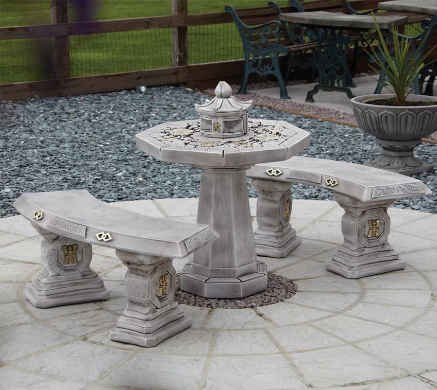 Japanese Stone Garden Furniture Set - STATUES & SCULPTURES Patio Bench & Table