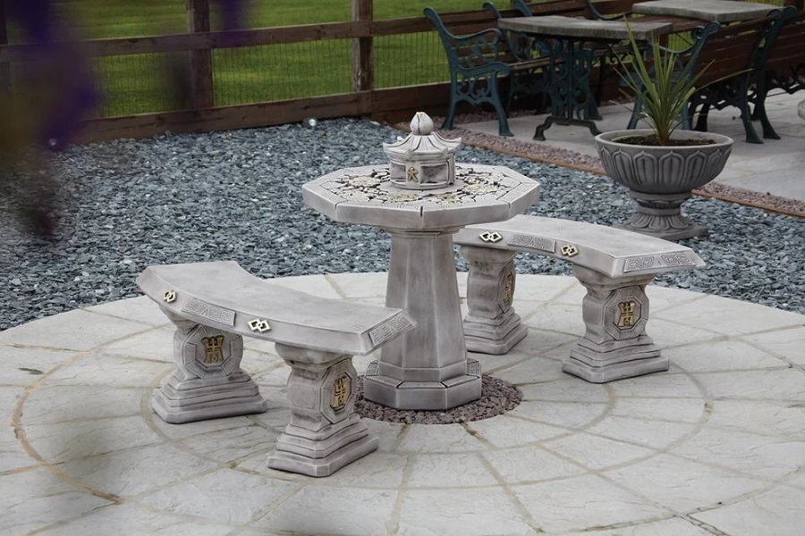 Japanese Stone Garden Furniture Set - STATUES & SCULPTURES Patio Bench & Table