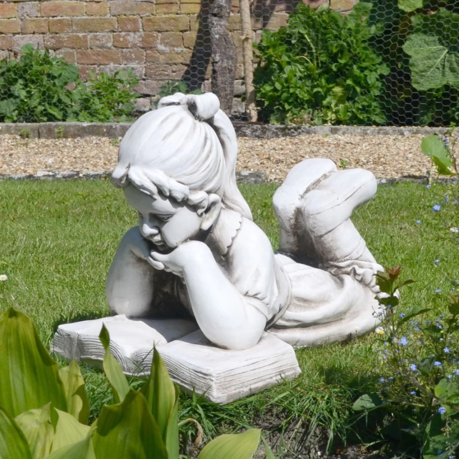 "STATUES & SCULPTURES Laying Girl Reading Book 34Cm Stone Resin Outdoor Garden Statue"