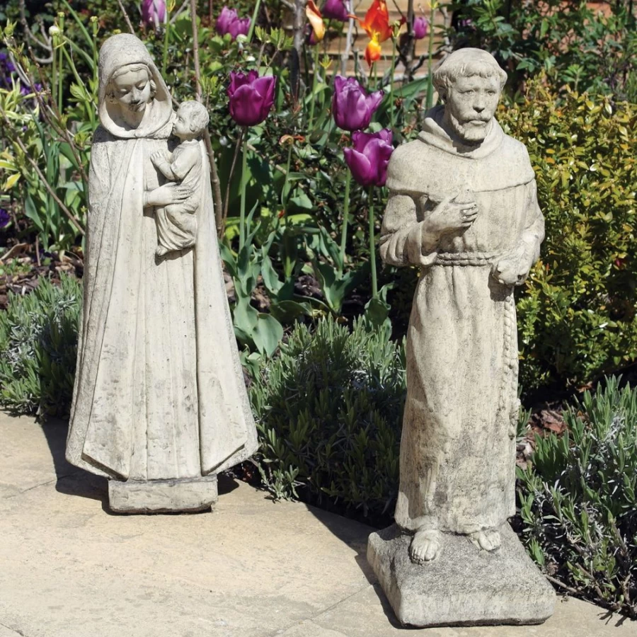 "Madonna and Friar Monk Outdoor Garden Statue – Religious Stone Sculpture by STATUES & SCULPTURES"