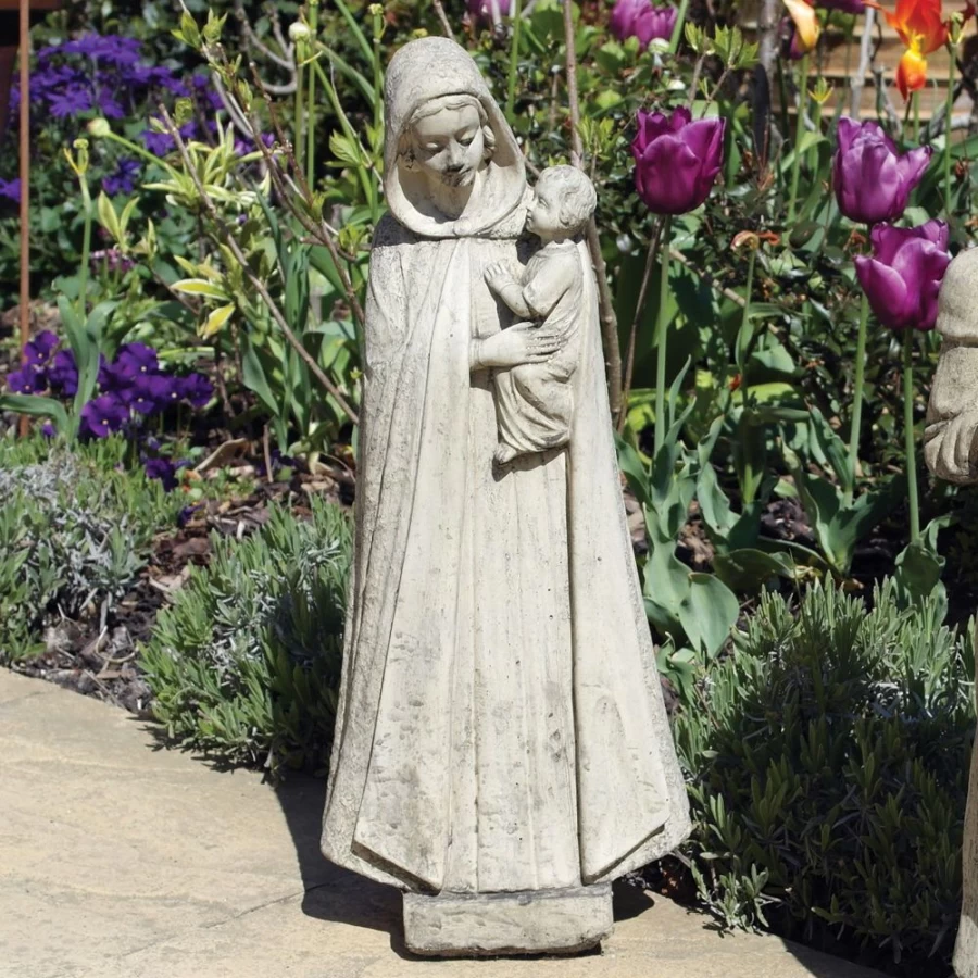 "Madonna and Friar Monk Outdoor Garden Statue – Religious Stone Sculpture by STATUES & SCULPTURES"