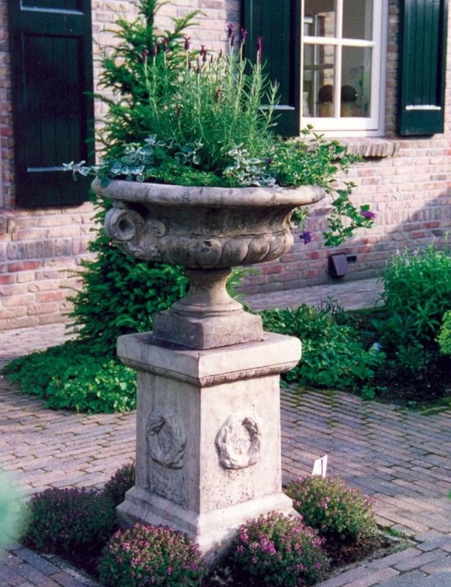 "STATUES & SCULPTURES Edwardian Style Stone Garden Planter on Laurel Pedestal – Outdoor Decor"