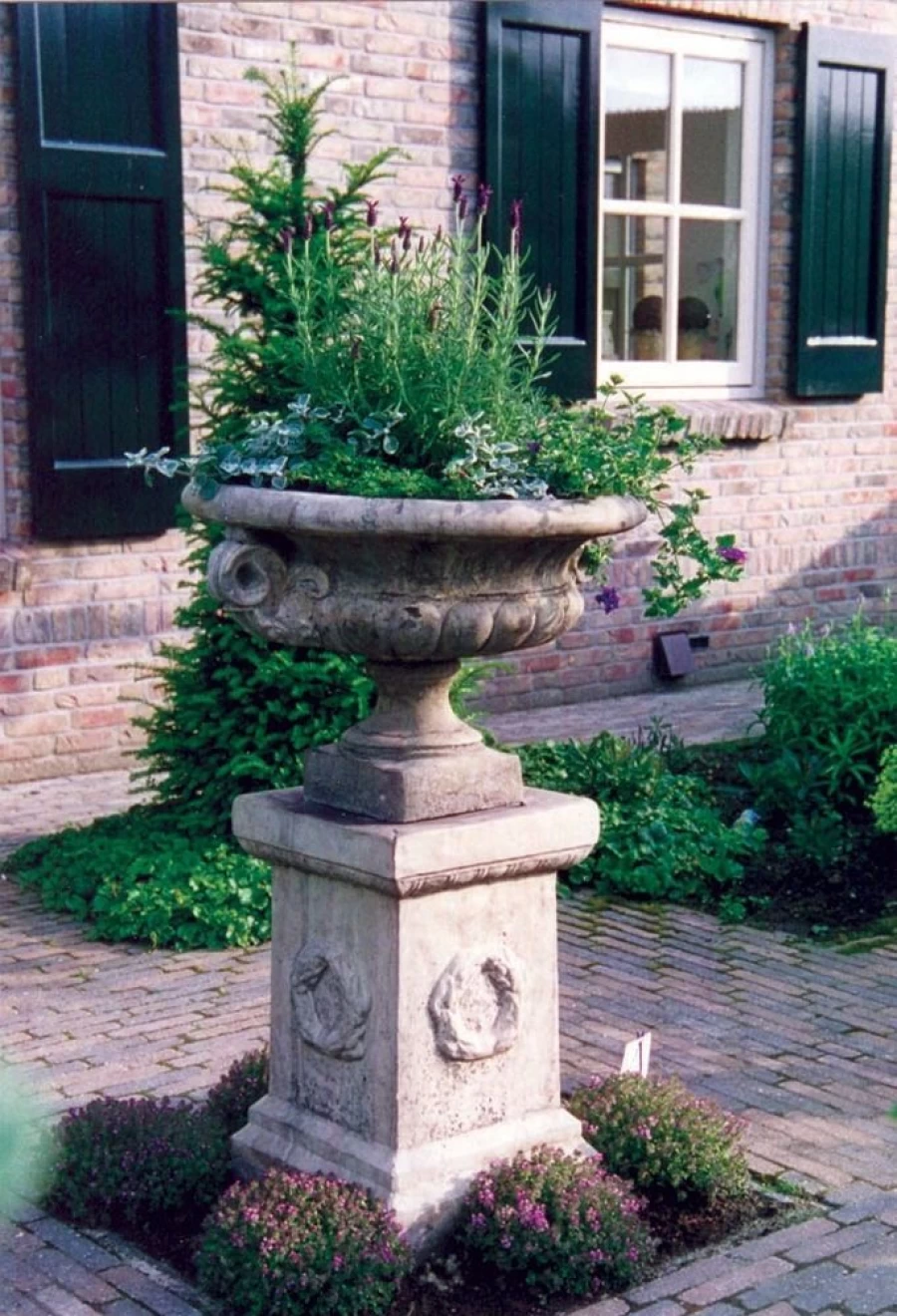"STATUES & SCULPTURES Edwardian Style Stone Garden Planter on Laurel Pedestal – Outdoor Decor"