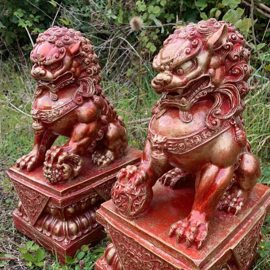 "45cm Red Foo Dog Statue Chinese Garden Decor - STATUES & SCULPTURES"