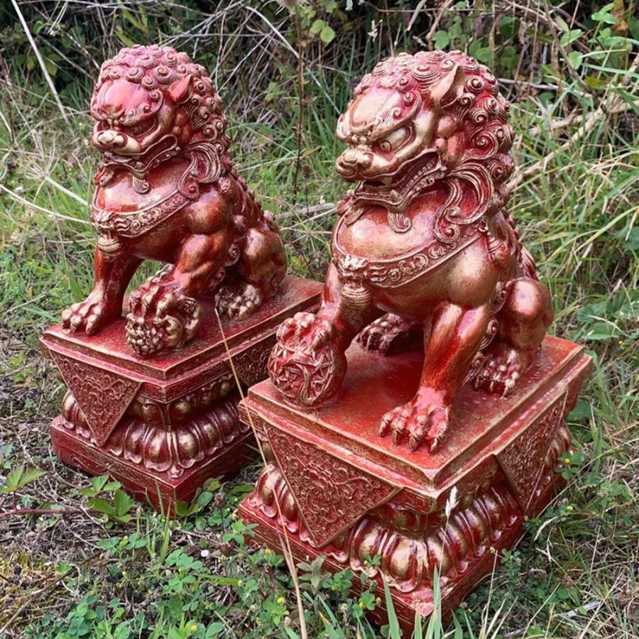 "45cm Red Foo Dog Statue Chinese Garden Decor - STATUES & SCULPTURES"