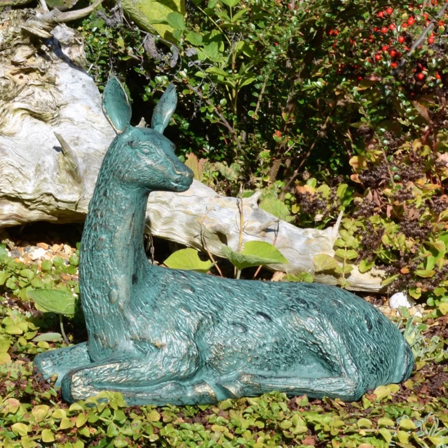 "Antique Bronze Laying Deer Garden Statue 30cm - Elegant Outdoor Sculpture by STATUES & SCULPTURES"