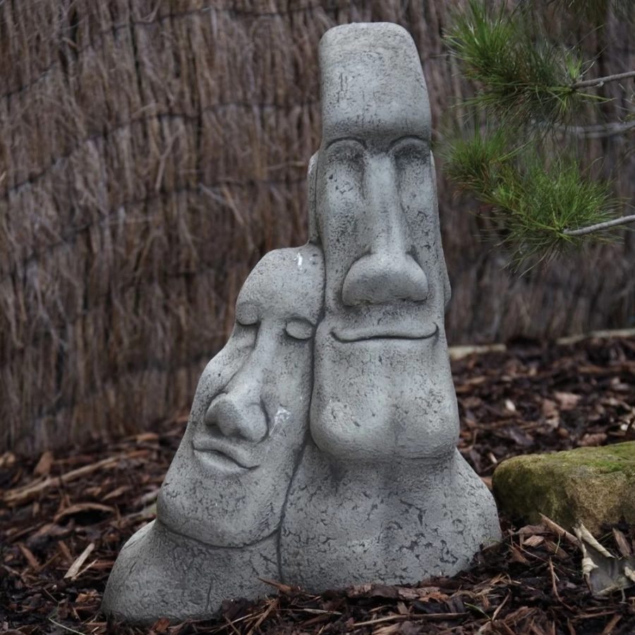 "Leaning Easter Island Heads Garden Statue - Handcrafted Stone Moai Sculpture for Outdoor Decor"