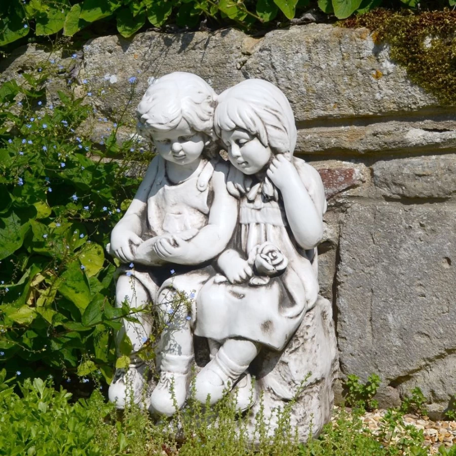 "STATUES & SCULPTURES Country Boy & Girl 56cm Stone Resin Garden Statue Outdoor Decor"