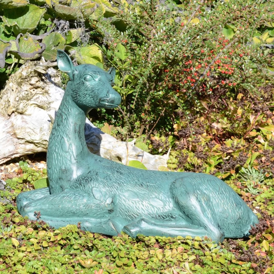 "STATUES & SCULPTURES Antique Bronze Laying Deer Garden Statue 36cm Outdoor Decor"
