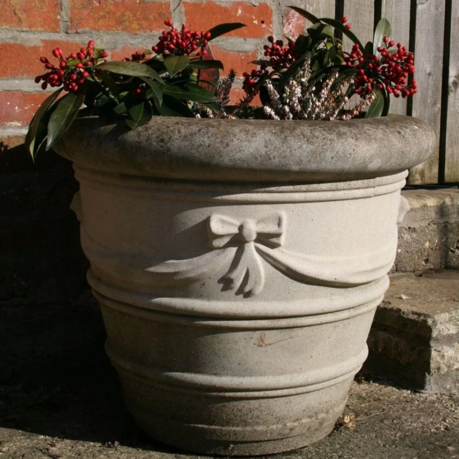 "STATUES & SCULPTURES 12-Inch Ribbon Vase - Stone Garden Planter for Outdoor Decor"