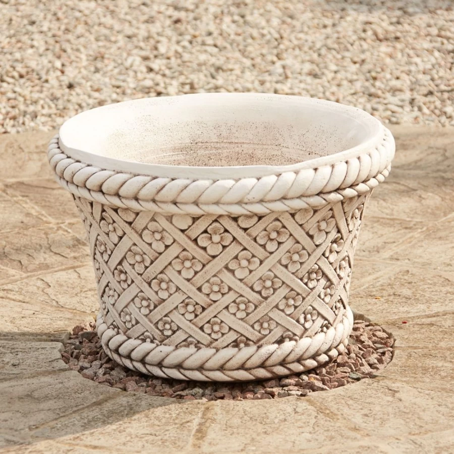 "STATUES & SCULPTURES Woven Portland Stone Garden Planter – Handcrafted Outdoor Plant Pot"