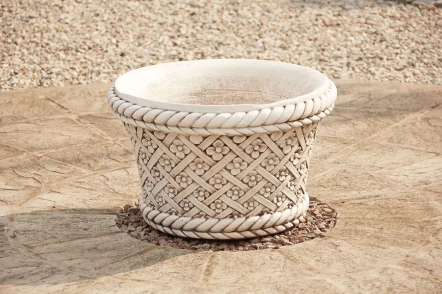 "STATUES & SCULPTURES Woven Portland Stone Garden Planter – Handcrafted Outdoor Plant Pot"