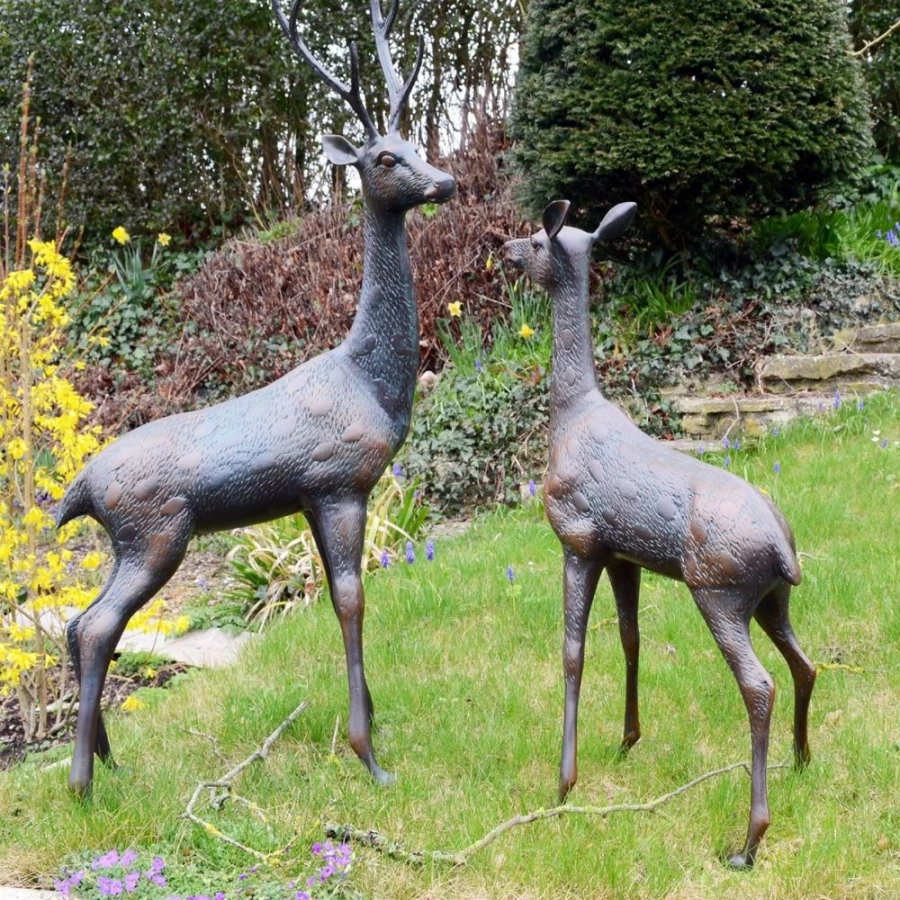 "Grand Stag & Doe Bronze Garden Statue Set – STATUES & SCULPTURES Outdoor Wildlife Decor"