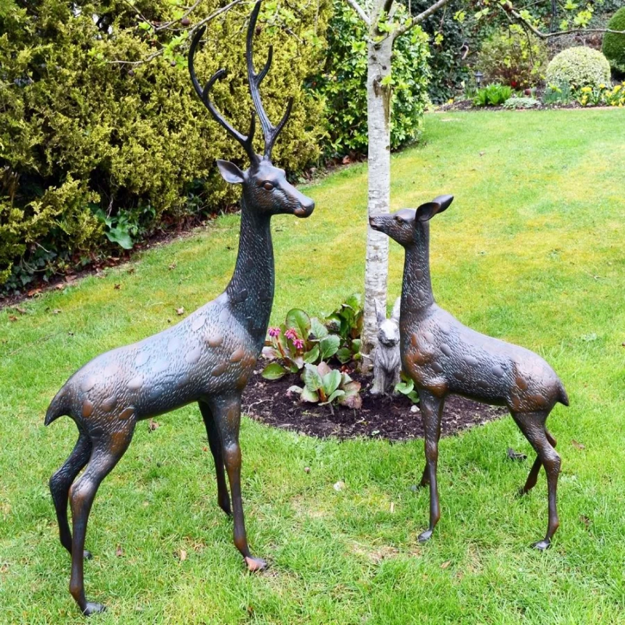 "Grand Stag & Doe Bronze Garden Statue Set – STATUES & SCULPTURES Outdoor Wildlife Decor"