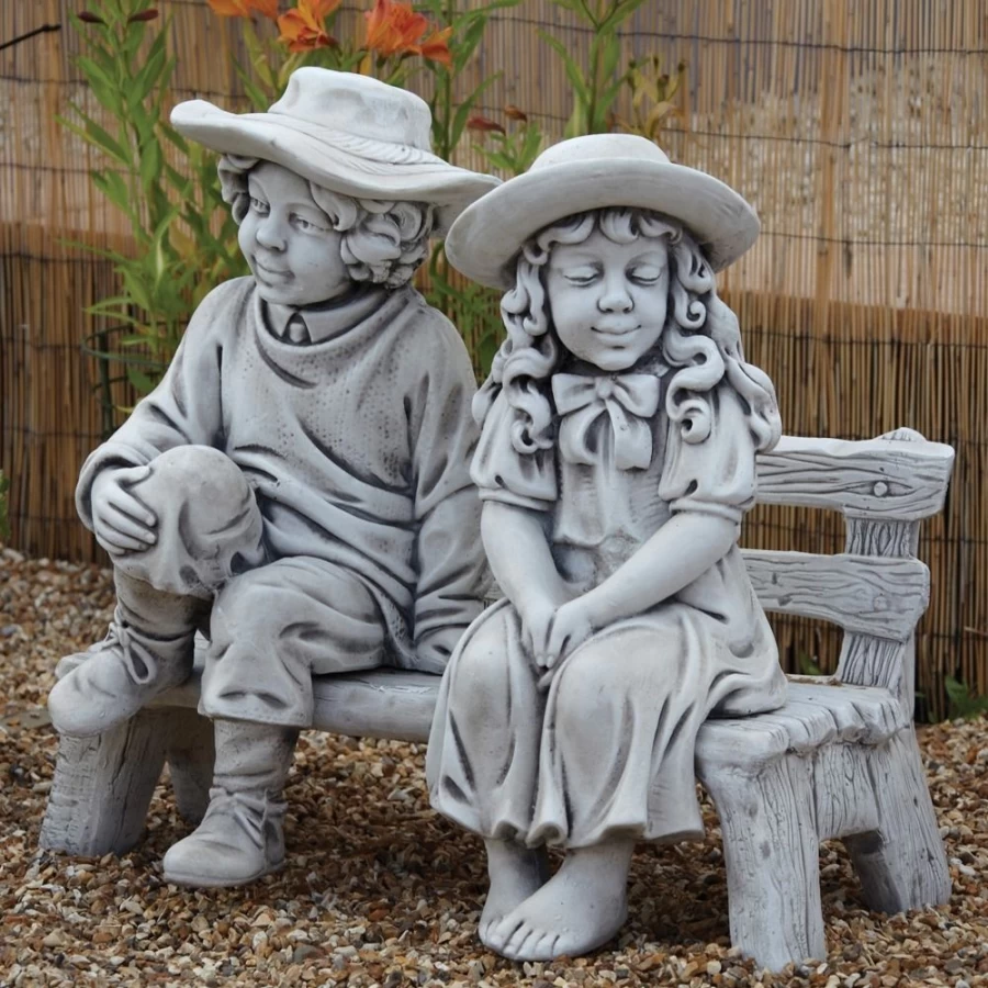 "Charming Boy and Girl Sitting on Bench Stone Garden Statue – STATUES & SCULPTURES"