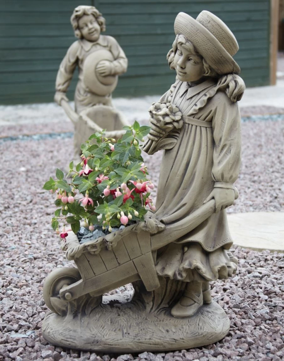 "STATUES & SCULPTURES Girl with Wheelbarrow Stone Garden Statue – Outdoor Garden Decor"