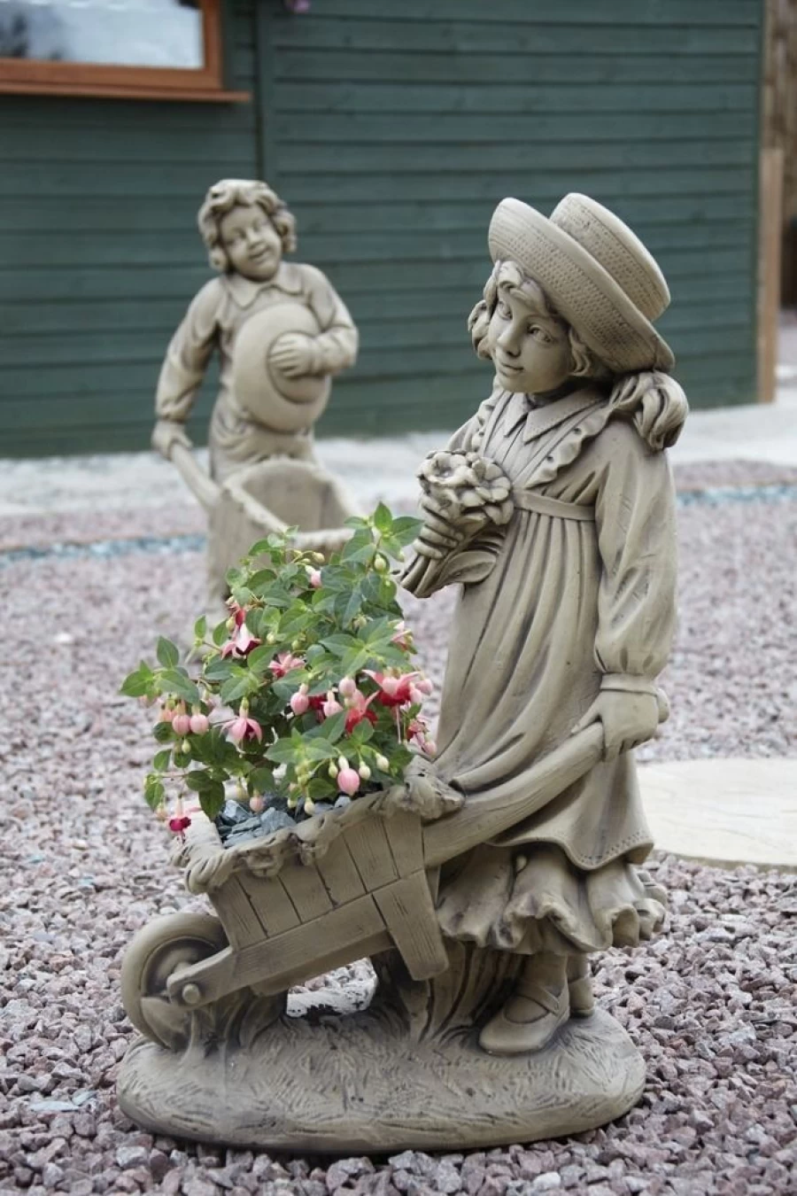 "STATUES & SCULPTURES Girl with Wheelbarrow Stone Garden Statue – Outdoor Garden Decor"