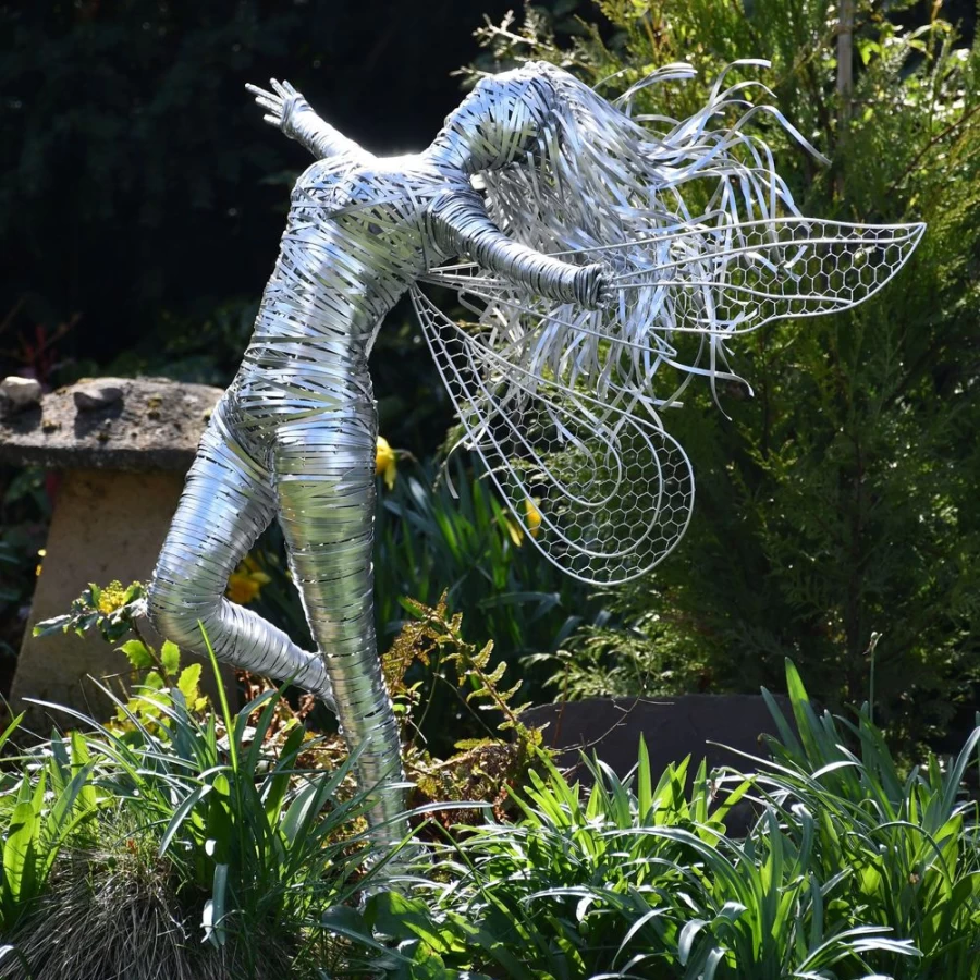 "STATUES & SCULPTURES Kaida Fairy Metal Garden Art - Handcrafted Wire Outdoor Sculpture"