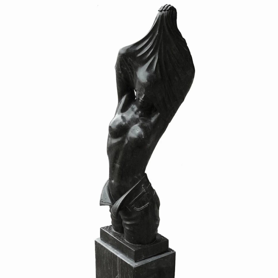 "STATUES & SCULPTURES Reveal Black Marble 170cm Garden Statue on Pedestal – Elegant Outdoor Decor"