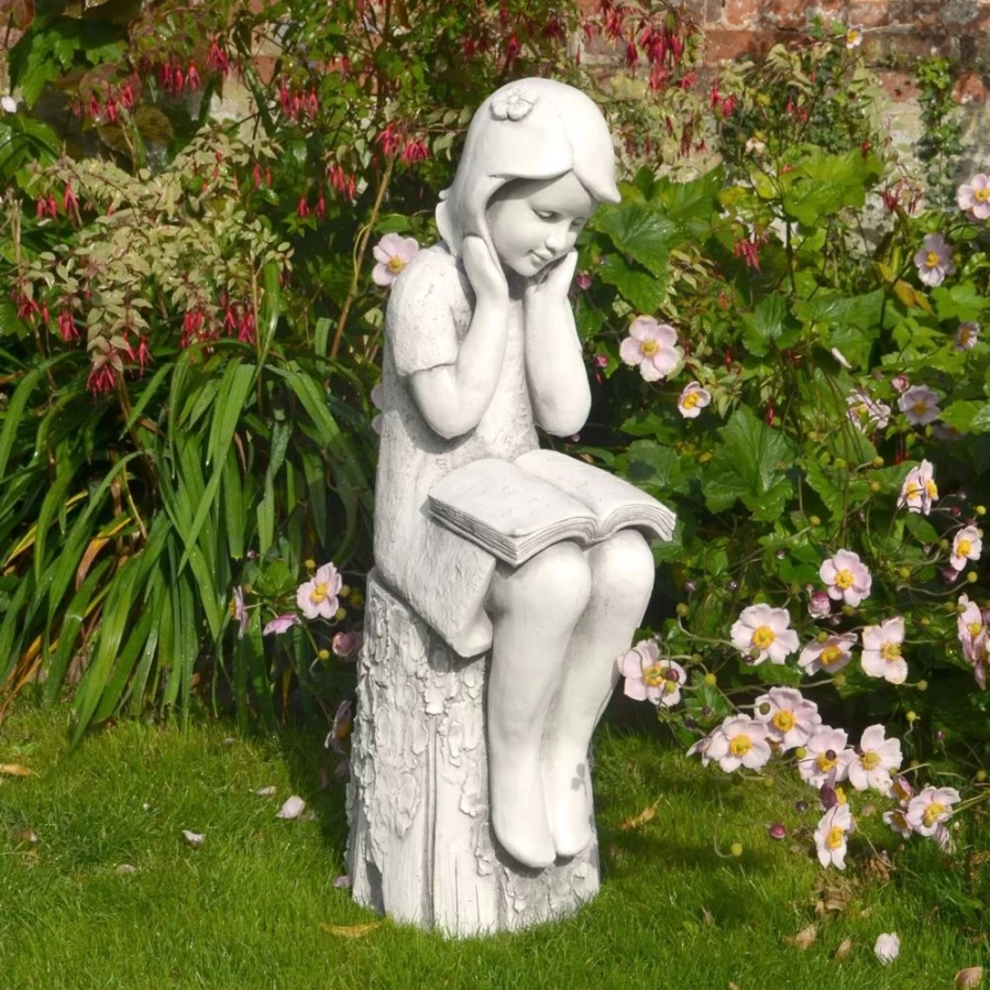 "STATUES & SCULPTURES 86cm Summer Reading Girl Garden Statue in Stone Resin for Outdoor Decor"