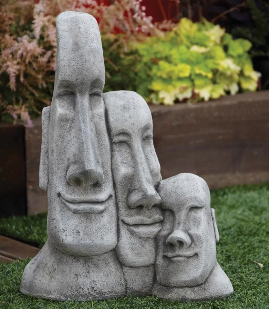 "Triple Moai Statue Easter Island Garden Sculpture – Stone Outdoor Decor"