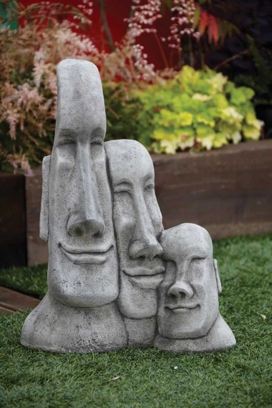 "Triple Moai Statue Easter Island Garden Sculpture – Stone Outdoor Decor"
